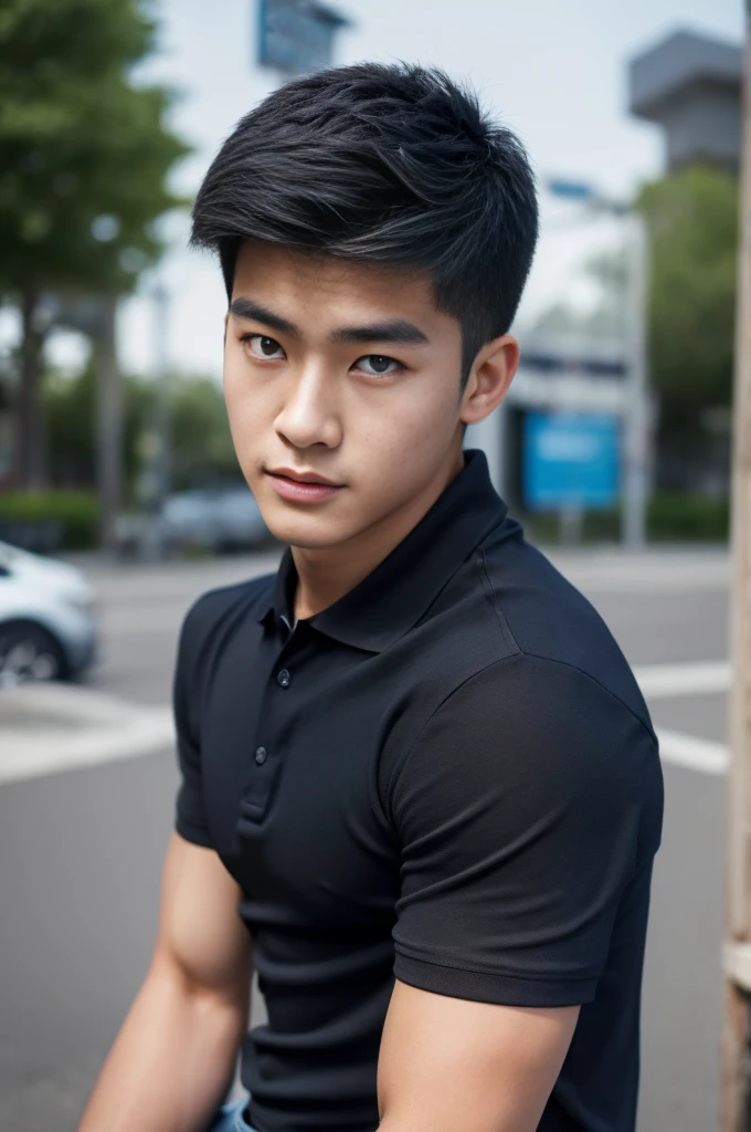 ((realistic daylight)) , Young Korean man in a black polo shirt and jeans, A handsome, muscular young Asian man looks at the camera. In a simple t-shirt blue and red , roadside traffic ,((look sideways))