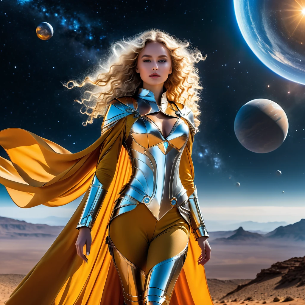 ((fantasy, masterpiece photography, 8K, high degree of detail)) magical atmosphere, mysterious and mysterious. A beautiful blonde with long curly hair in the wind in a magical pilot costume is walking on an uninhabited planet. The costume is made of golden fabric with lots of details, futuristic style. On this uninhabited planet, the sky is a spectacular sight: it is filled with bright colors reflecting the radiance of unusual satellites. These satellites, majestic in size and shape, dot the sky with stars and create amazing landscapes. Spaceships float smoothly between them, leaving behind traces of light and flickering reflections. Their strange shapes and technological design contrast with the beauty and tranquility of this planet, giving it a mysterious and mystical charm. Travelers flying by stop to admire this amazing sight and soak up the magic of this cosmic world.