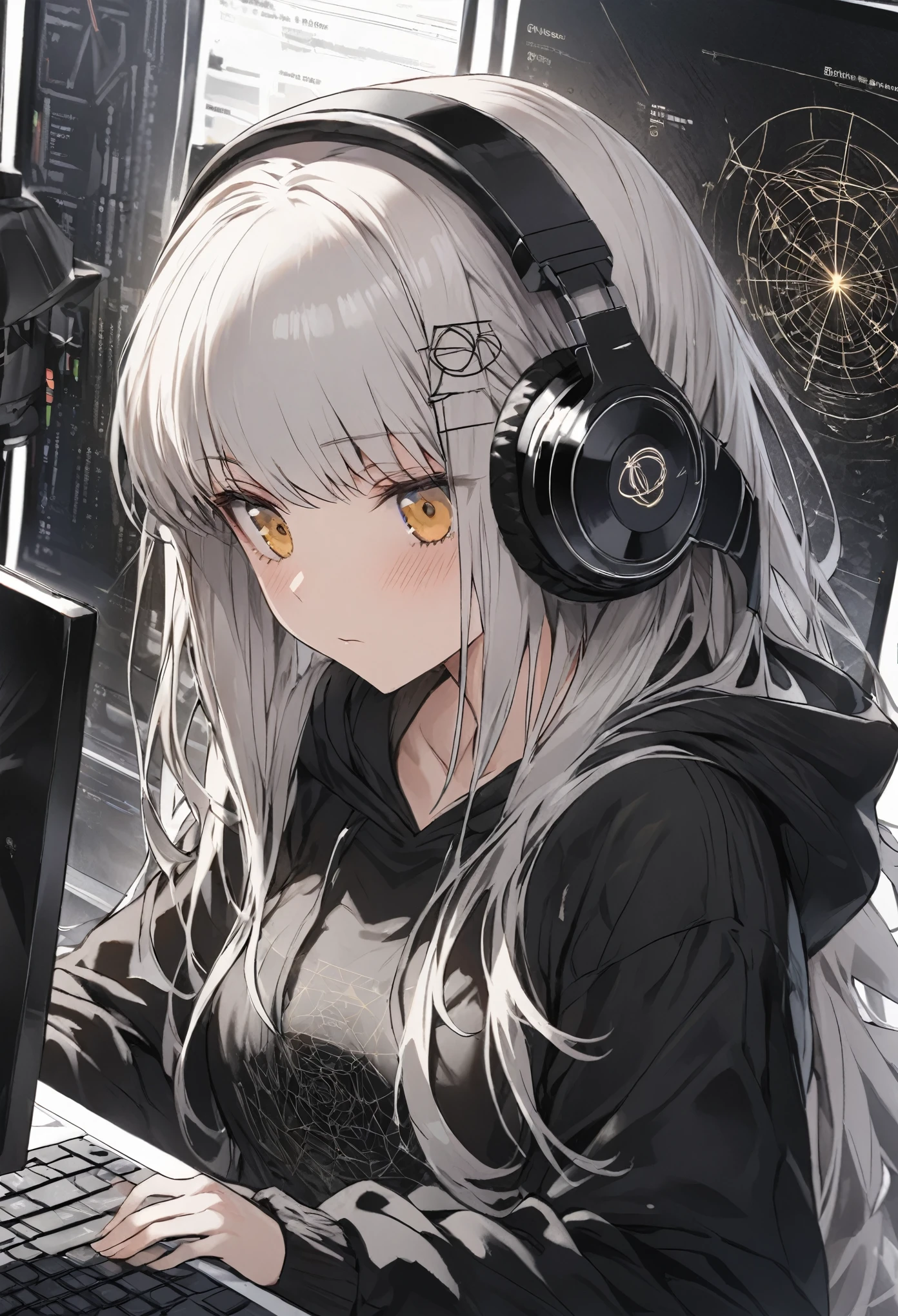 Woman using computer with big screen、Silver Hair、Semi-long hair、Wearing cool headphones,{{{{{{{{ Oversized black hoodie }}}}}}}},Beautiful and delicate golden eyes,thought,Black clothes, Detailed Background, Golden Ratio, High-definition writing, 