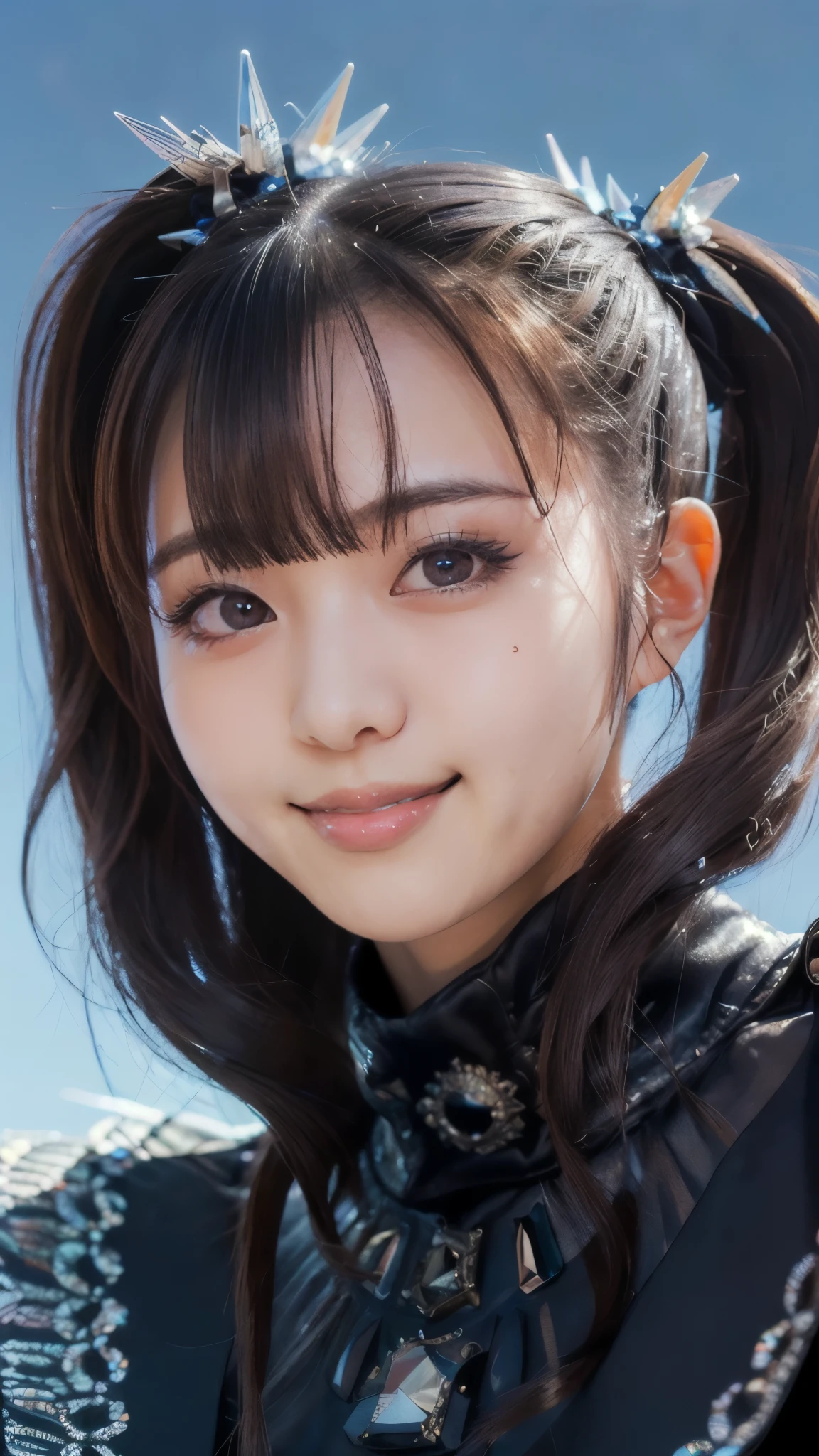 (masterpiece:1.2),(Highest quality:1.2),(Super detailed),(Ultra-high resolution),(Photorealistic Stick),(RAW Photos),8K,wallpaper,Backlight,(Written boundary depth),(Sophisticated lighting:1.1), (Improving cinematic lighting quality:0.9),Photo of a woman in a black dress by Babymetal,((moakiku:1.3)),whole bodyポートレート,(Eye light,Sharp pupils,Detailed eye drawing,)Very beautiful face,(Detailed skin texture:1.3),(Beautiful portrait:1.2),A lovely and delicate face,Beautiful young Japanese woman,front,((whole body:1.3)),((The background is blue sky:1.3)),(Flashy makeup),((smile)),(From below:1.3)