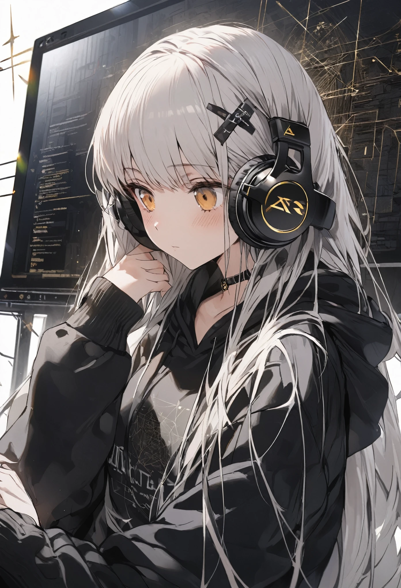 Woman using computer with big screen、Silver Hair、Semi-long hair、Wearing cool headphones,{{{{{{{{ Oversized black hoodie }}}}}}}},Beautiful and delicate golden eyes,thought,Black clothes, Detailed Background, Golden Ratio, High-definition writing, 