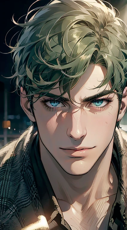 (best quality,4k,8k,highres,masterpiece:1.2),ultra-detailed,(realistic,photorealistic,photo-realistic:1.37),1 man,31 years old,mature man,very handsome,without expression,smile,short green hair,blue eyes,penetrating gaze,perfect face without errors,imposing posture,businessman,office background,cinematic lighting,hdr imageq