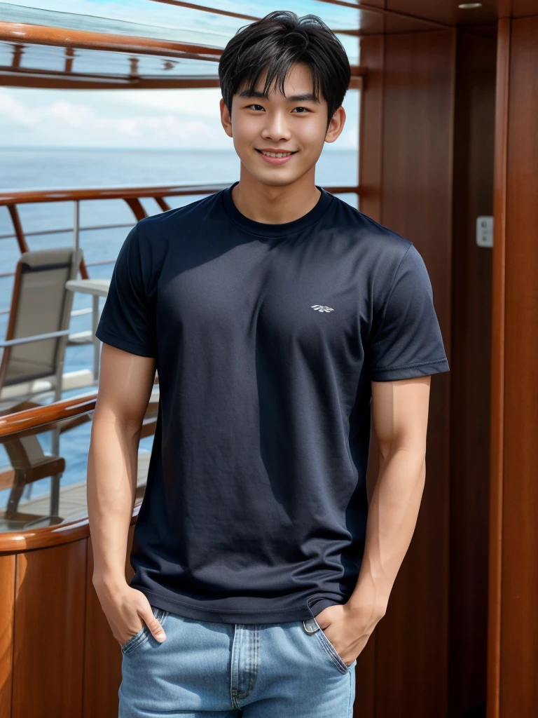 独奏: 1.5, (As a matter of fact, Masterpiece, 8k HD, good light quality, sportswear, fit the face, complicated details), A handsome Korean young man with muscular arms. , 20 years old, be happy, smile brightly, detailed face, delicate eyes, look at the sky, Wear a navy tight T-shirt.:1.6 ,Wear a denim coat., jeans period, black eyes, Black hair color, ผมsmooth, smooth,Surreal,Awesome details,Highest quality,real,Open your mouth to talk. , Close your eyes., (standing in a cruise ship:1.5)