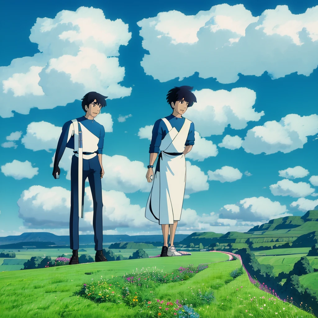 A landscape style image, they are in a subway, in the windows there is a landscape with a very blue sky with beautiful clouds, two characters facing forward, counting forward, one next to the other, a boy with simple clothes, a white dress shirt and black pants, a girl with black hair and a skirt black, both are looking in a different direction.