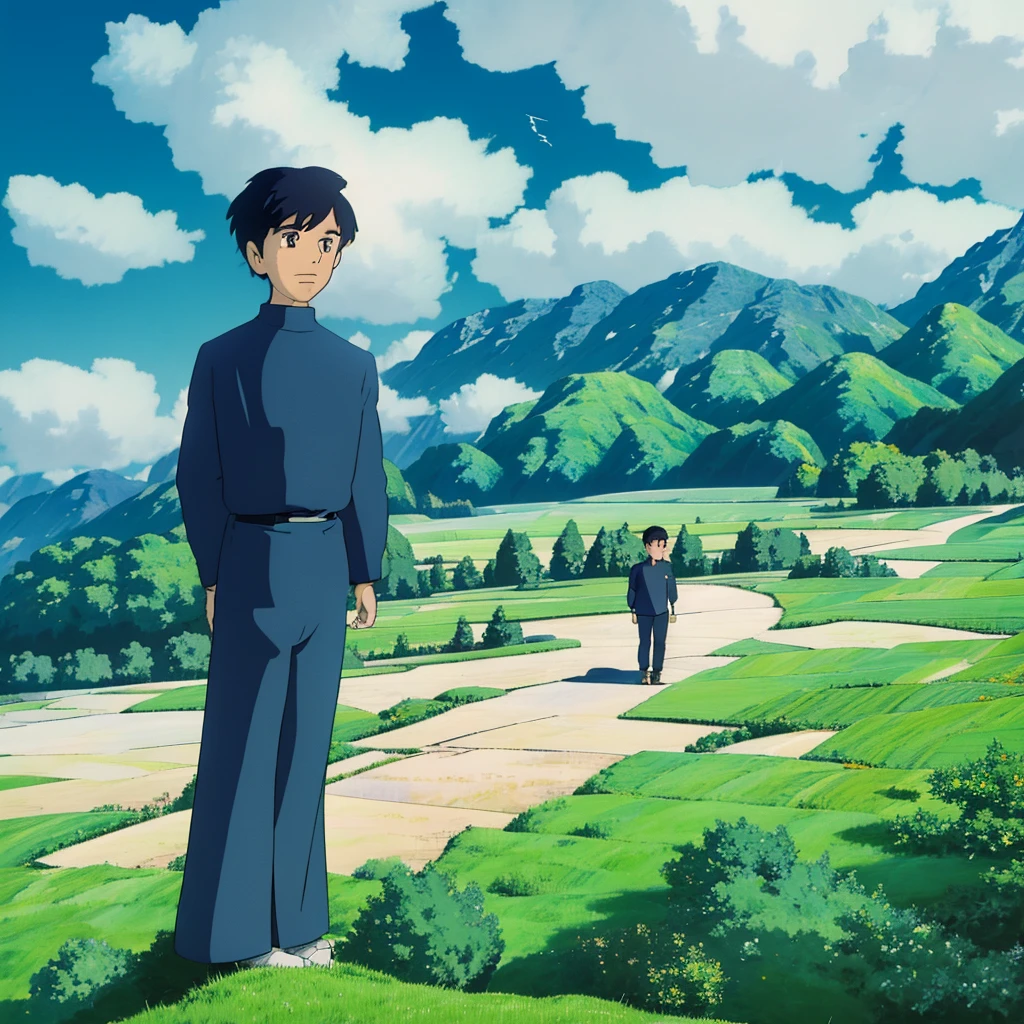 A landscape style image, they are in a subway, in the windows there is a landscape with a very blue sky with beautiful clouds, two characters facing forward, counting forward, one next to the other, a boy with simple clothes, a white dress shirt and black pants, a girl with black hair and a skirt black, both are looking in a different direction.