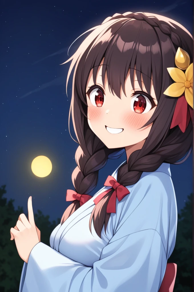 alone, One girl、Crown braids in the same color as your hair, hair ornaments, Hair Ribbon,(A light blue kimono with a red floral pattern and a red obi.)、Red Eyes、Black Hair、(blush:1.4)、(Surprised smile:1.6)、Larger breasts、(I see a lot of fireflies at night)