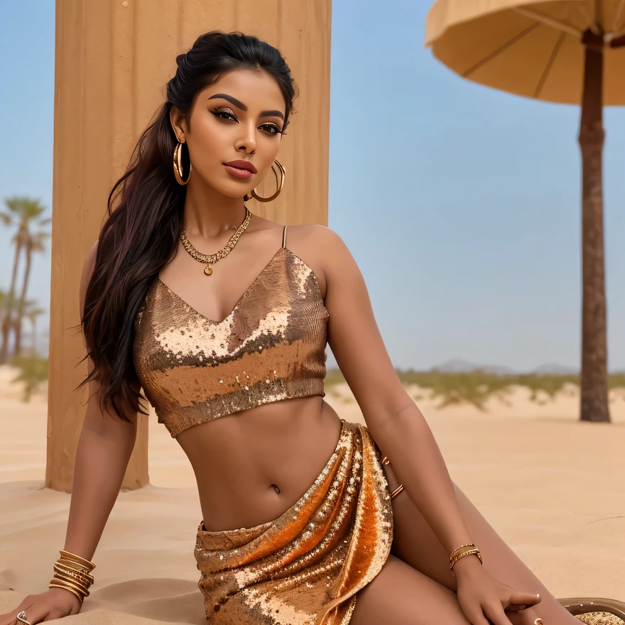 "Create an ultra-realistic image of a modern, attractive female influencer of Indian descent, aged between 27 to 30. She should have a warm and inviting smile, expressive almond-shaped eyes with a slight shimmer, and clear, glowing skin with a medium brown complexion. Her features should be well-defined, with high cheekbones and a sharp jawline. Her hair should be styled in a sleek high ponytail with a bit of volume at the crown, and should have a natural shine and bounce. The hair color should be a deep, reddish-purple hue that’s bold yet sophisticated. She should have a slender yet athletic build, reflecting a healthy and active lifestyle, with a medium bust size (40-42 inches), offering a balanced and proportionate look.
She is wearing a sunset orange chiffon saree paired with a bronze sequin blouse that highlights her toned figure and complements her curves. Her outfit is completed with stylish black heeled sandals that add elegance to her look. She accessorizes with subtle yet chic jewelry, such as small hoop earrings and a few thin bangles.
The background should be a vibrant desert landscape with sand dunes and a colorful sunset, suggesting a cosmopolitan lifestyle. Her overall appearance should exude confidence, approachability, and sophistication, capturing the essence of a contemporary Indian fashion influencer."