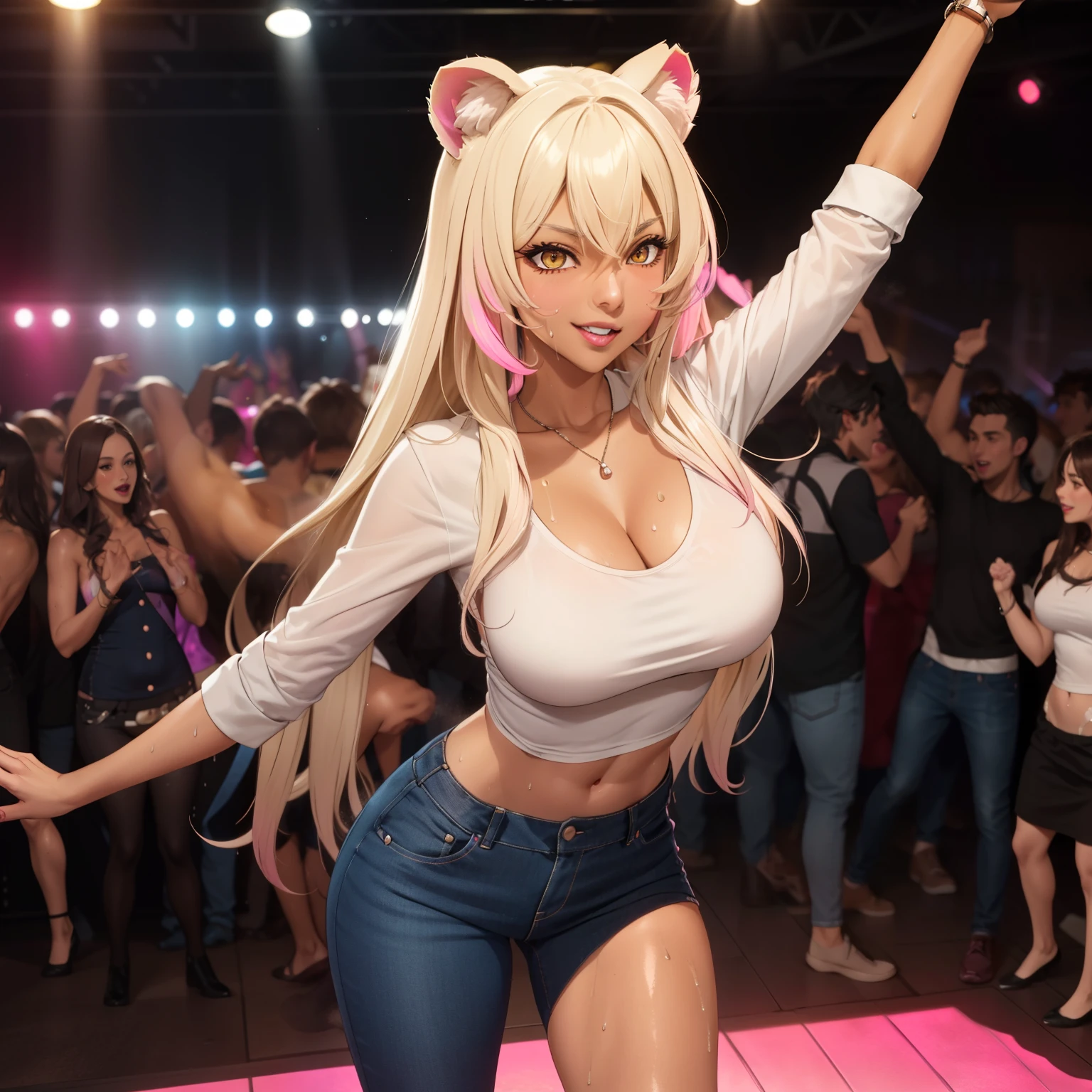 35 year old woman blonde hair with pink tips , cat ears , yellow eyes like amber, tanned brown skin, Dark skin, flirtatious smile, , medium breasts, low-cut black tops, pantheons skinny jeans, he is dancing in a nightclub, background a disco. sweaty body. perfect hands. 1 single woman.