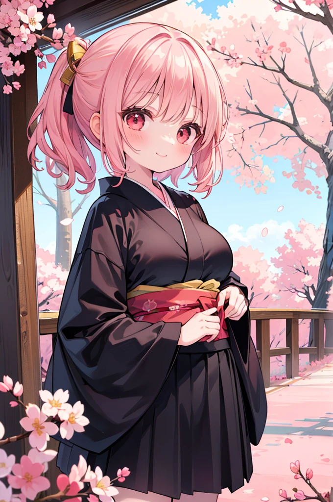 ((Masterpiece)),((high resolution)),((Best Quality)),Anime illustration,(((1girl))),,(wavy hair),(short hair),(pale pink hair color),small ponytail,Red eyes,(Big round eyes),((tareme)),,((loli face)),very big breasts)),Short stature,,kimono,mini skirt,smile,Ladylike,cherry blossoms,