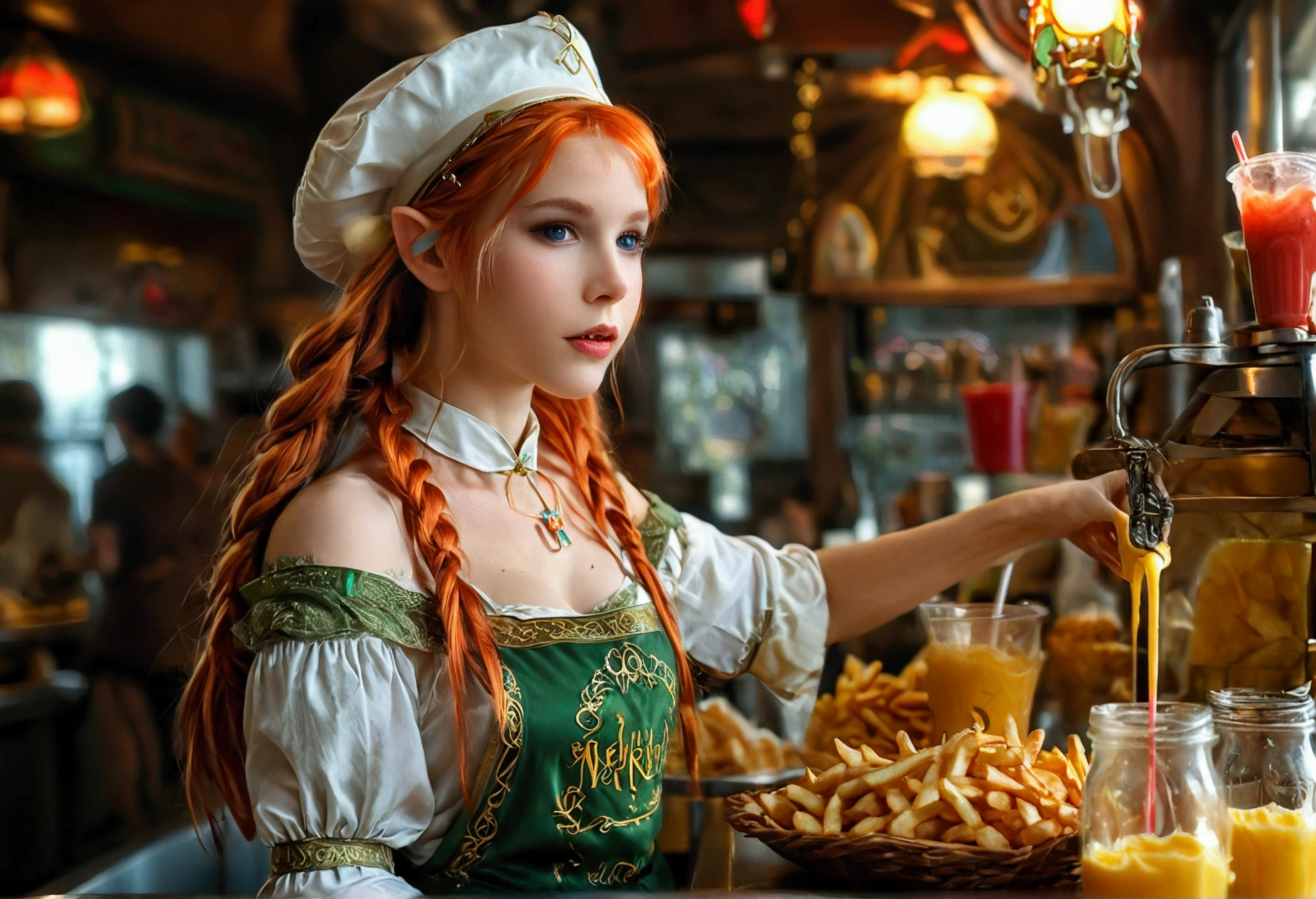 high fantasy, A fantasy fast food worker (elven princess, apron and cap, extreme beauty), working the counter at 'Merlin's' . serving magic milkshakes and baskets of fries, show her entire body