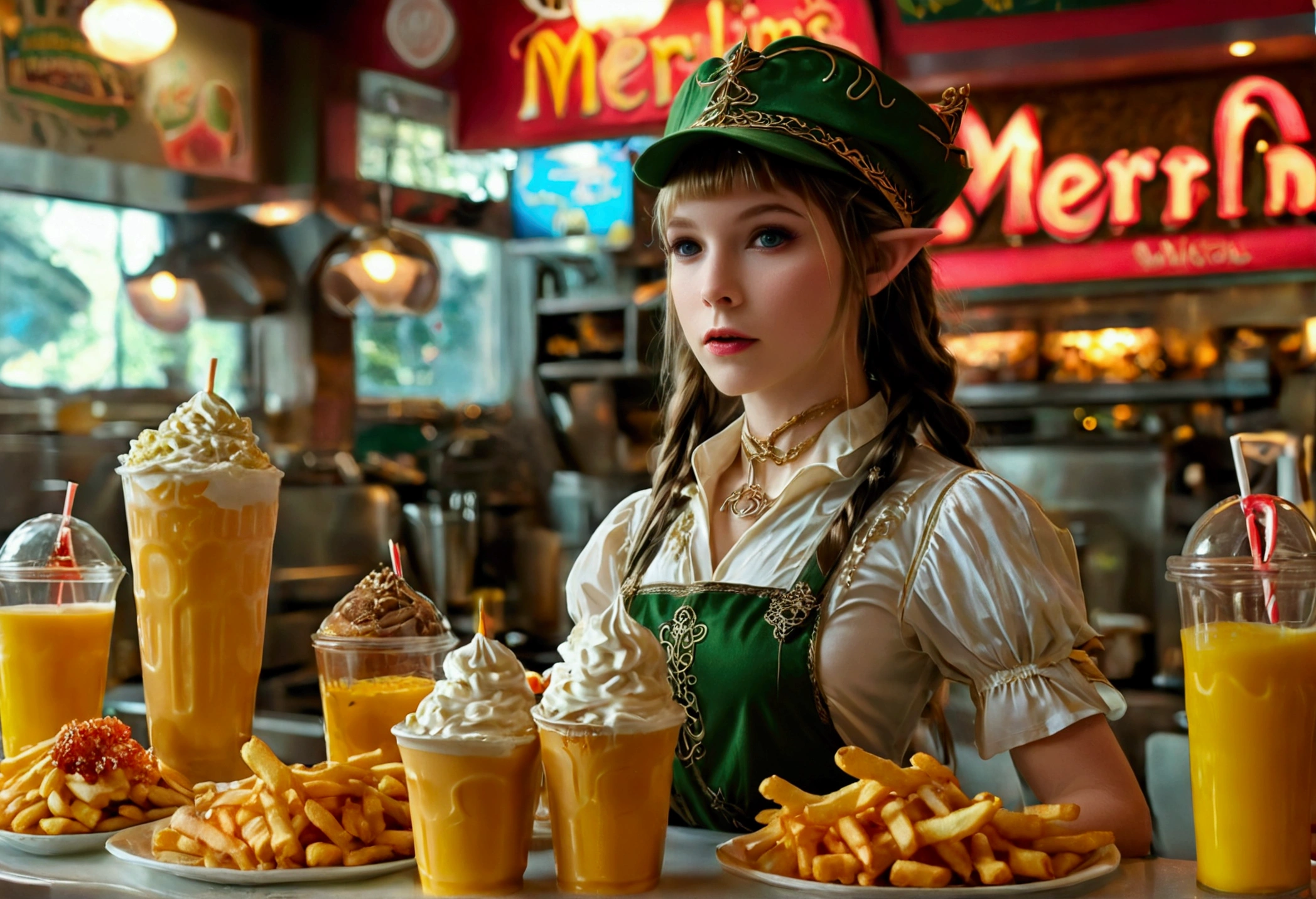 high fantasy, A fantasy fast food worker (elven princess, apron and cap, extreme beauty), working the counter at 'Merlin's' . serving magic milkshakes and baskets of fries, show her entire body
