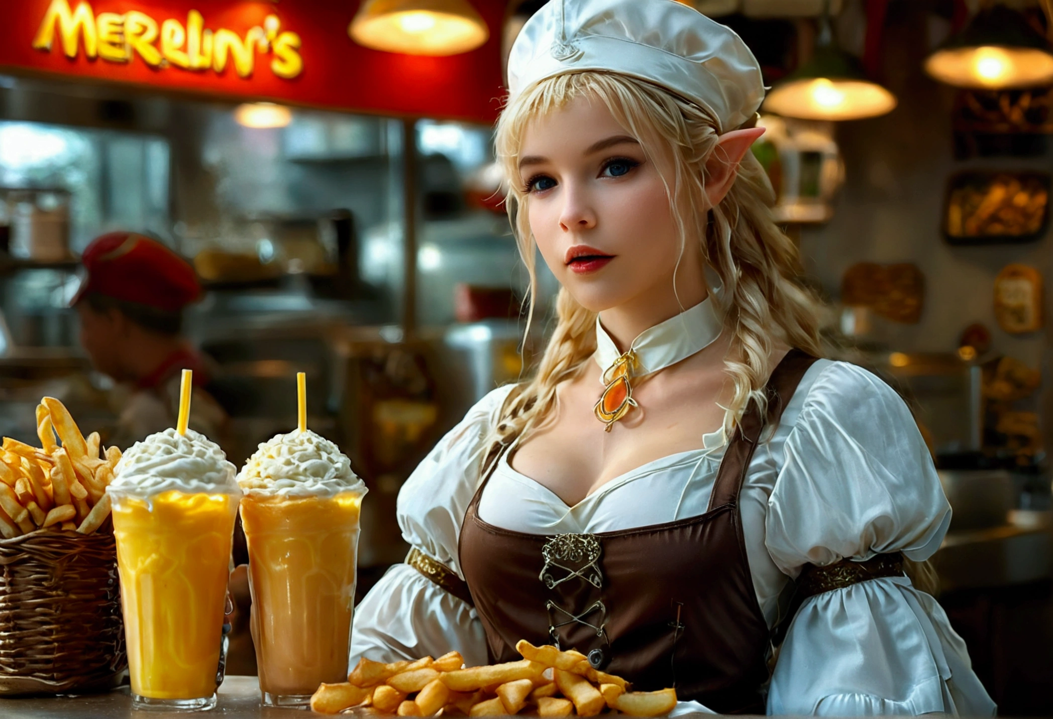 high fantasy, A fantasy fast food worker (elven princess, apron and cap, extreme beauty), working the counter at 'Merlin's' . serving magic milkshakes and baskets of fries, show her entire body