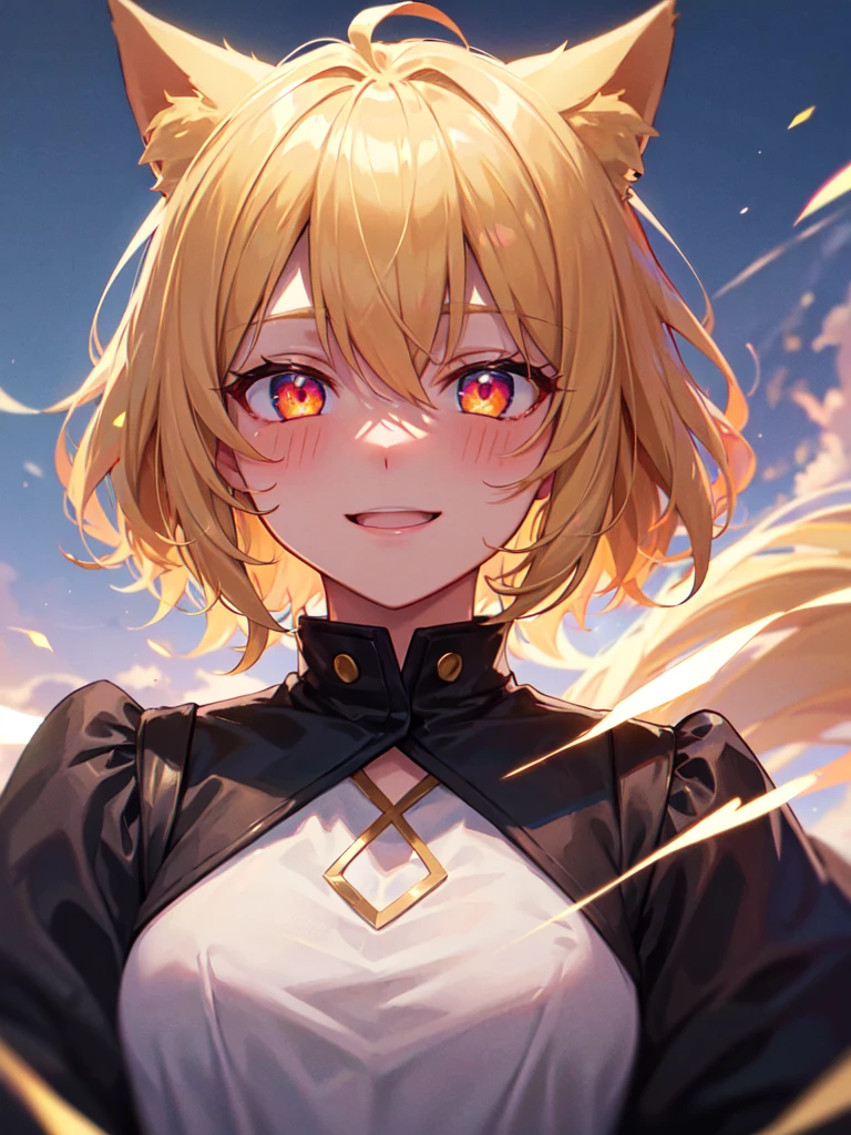 hair over shoulder, wavy hair, hair strand, shiny hair, blonde hair, eye reflection, glowing eyes, slit pupils, amber eyes, cat ears, smile, blush, glint, happy, anime, anime style, En plein air, high detail, cinematic lighting, ray tracing, reflection light, masterpiece, accurate, anatomically correct, super detail, high details, high quality, best quality, highres, 4K
