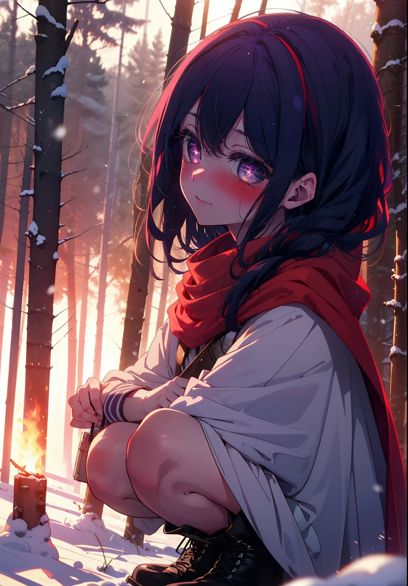 aihoshino, Ai Hoshino, Long Hair, bangs, (Purple eyes:1.1), Purple Hair, (Symbol-shaped pupil:1.5), smile,,smile,blush,White Breath,
Open your mouth,snow,Ground bonfire, Outdoor, boots, snowing, From the side, wood, suitcase, Cape, Blurred, , forest, White handbag, nature, Squat, Mouth closed, Cape, winter, Written boundary depth, Black shoes, red Cape break looking at viewer, Upper Body, whole body, break Outdoor, forest, nature, break (masterpiece:1.2), Highest quality, High resolution, unity 8k wallpaper, (shape:0.8), (Beautiful and beautiful eyes:1.6), Highly detailed face, Perfect lighting, Extremely detailed CG, (Perfect hands, Perfect Anatomy),