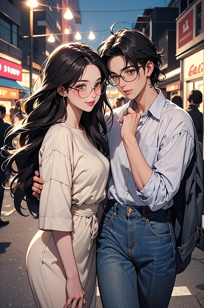 Picture a scene of a handsome, kind-looking man in his twenties, blushing. He wears black-rimmed glasses, which slide down his nose, but he covers his face with one hand, unconcerned. His hair is dark brown and softly textured. He is wearing a casual shirt and jeans. The background is a lively street with a fun and lively atmosphere. His expression is slightly flushed, with a shy smile visible, conveying a kind and friendly vibe. He is on a first date with a beautiful woman who does not wear glasses. She has long, flowing hair and dresses elegantly in a stylish dress. They walk side by side, hand in hand, through the bustling city. They look into each other's eyes, smiling warmly, eyes sparkling with interest. They are both a little nervous, but clearly enjoying each other's company. , radiating the happiness and excitement of a new relationship. There are attractive street lights in the surrounding area, stores, and pedestrians, creating a lively and romantic atmosphere.