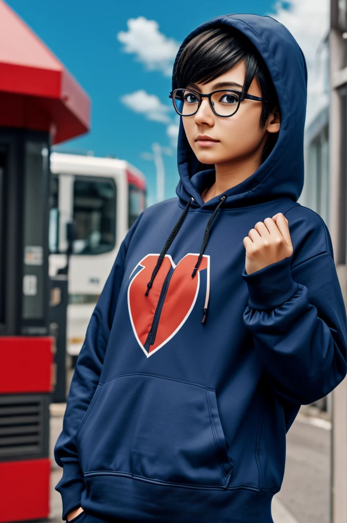 Create a anime character wearing glasses and hoody