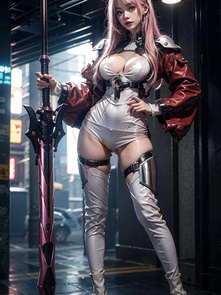 highest quality、Surreal、Perfect Anatomy、Crowded busy street、Surrounded by spectators、Crowd、Wet and shiny white skin、Sweat dripping all over the body、Slender model figure、Ahegao、Silver and pink hair、soaked、Super small face、Collars and Leads、Large cleavage、Cyberpunk City、photo shoot、Japanese sword、Micro Bikini、