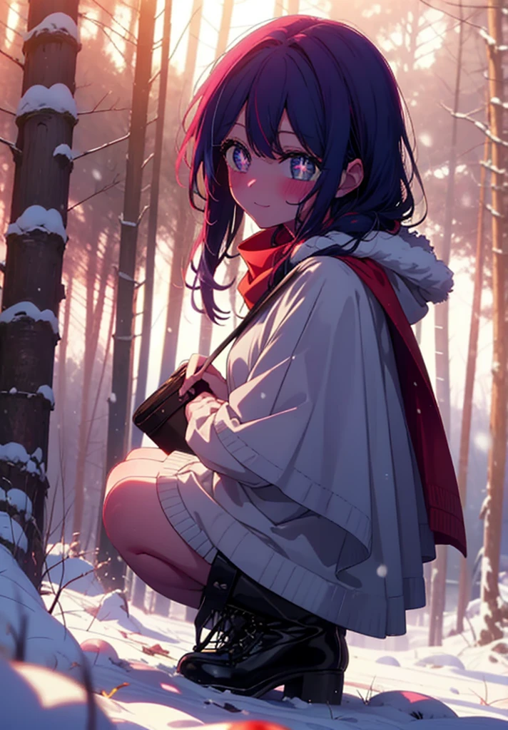 aihoshino, Ai Hoshino, Long Hair, bangs, (Purple eyes:1.1), Purple Hair, (Symbol-shaped pupil:1.5), smile,,smile,blush,White Breath,
Open your mouth,snow,Ground bonfire, Outdoor, boots, snowing, From the side, wood, suitcase, Cape, Blurred, , forest, White handbag, nature,  Squat, Mouth closed, Cape, winter, Written boundary depth, Black shoes, red Cape break looking at viewer, Upper Body, whole body, break Outdoor, forest, nature, break (masterpiece:1.2), Highest quality, High resolution, unity 8k wallpaper, (shape:0.8), (Beautiful and beautiful eyes:1.6), Highly detailed face, Perfect lighting, Extremely detailed CG, (Perfect hands, Perfect Anatomy),