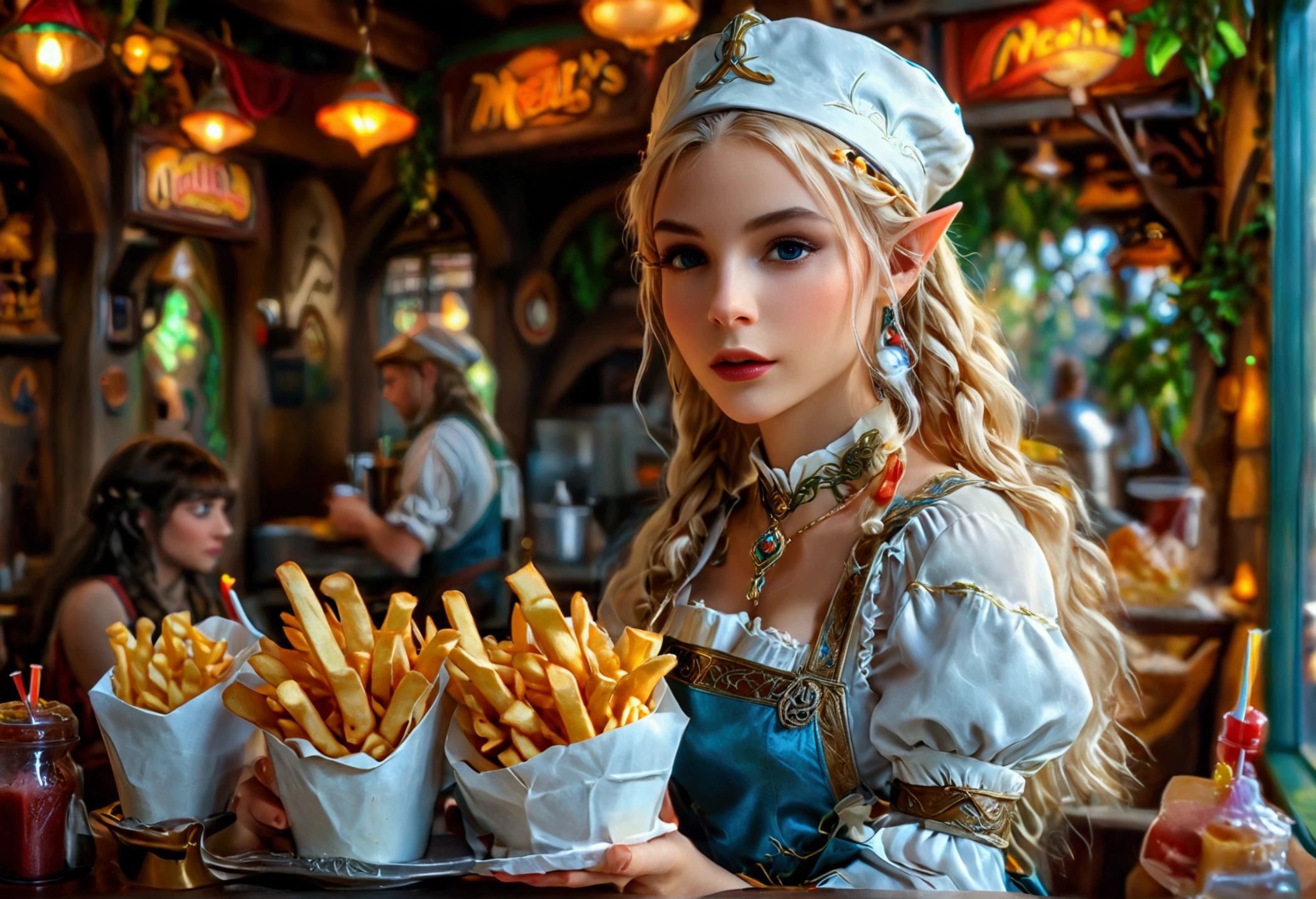 A beautiful elven princess working as a fast food server at Merlin's, wearing an apron and cap, serving magic milkshakes and baskets of fries, high fantasy, extremely detailed, intricate details, photorealistic, 8k, dramatic lighting, vivid colors, cinematic composition, fantasy elements, fantasy food, fantasy restaurant interior