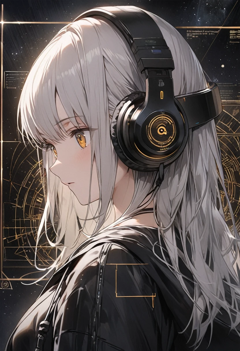 A woman operating a transparent touch panel monitor in the space in front of her face、Silver Hair、Semi-long hair、Wearing cool headphones,{{{{{{{{ Oversized black hoodie }}}}}}}},Beautiful and delicate golden eyes,thought,Black clothes, Detailed Background, Golden Ratio, High-definition writing, 