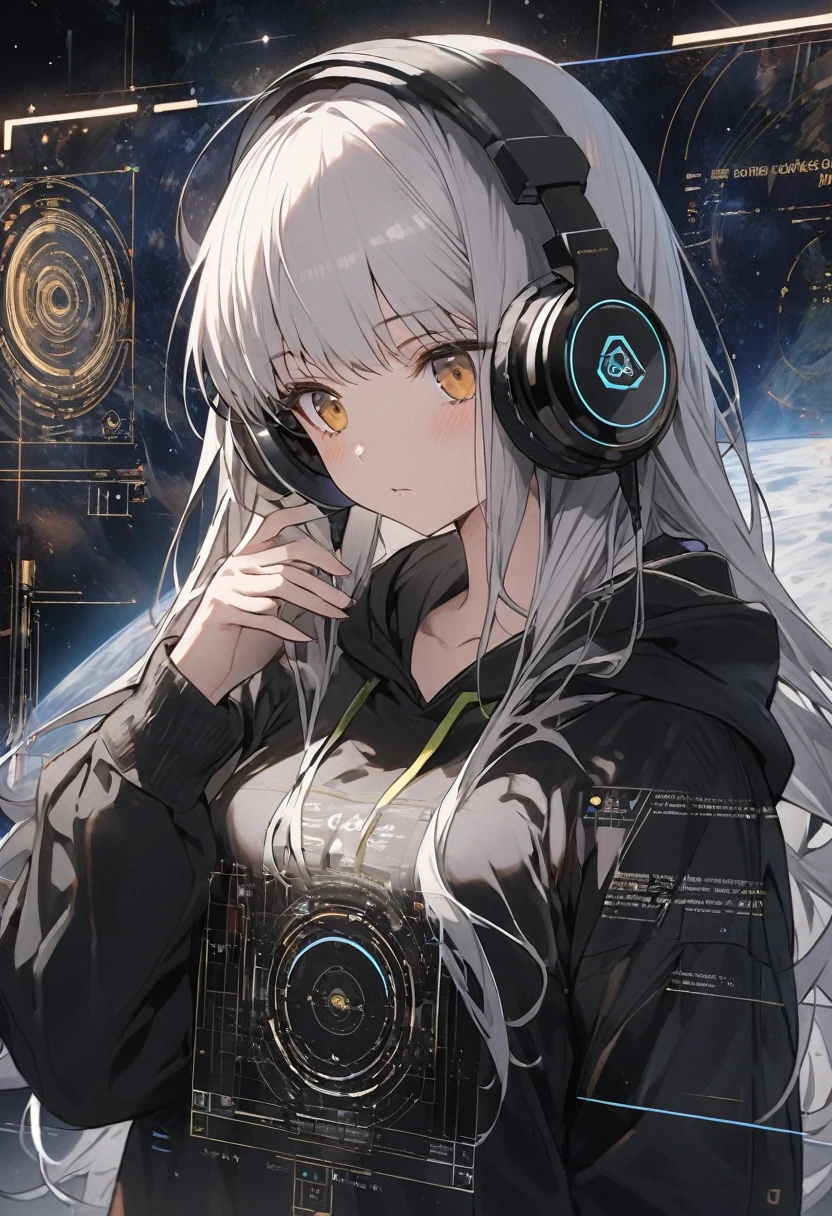 A woman operating a transparent touch panel monitor in the space in front of her face、Silver Hair、Semi-long hair、Wearing cool headphones,{{{{{{{{ Oversized black hoodie }}}}}}}},Beautiful and delicate golden eyes,thought,Black clothes, Detailed Background, Golden Ratio, High-definition writing, 