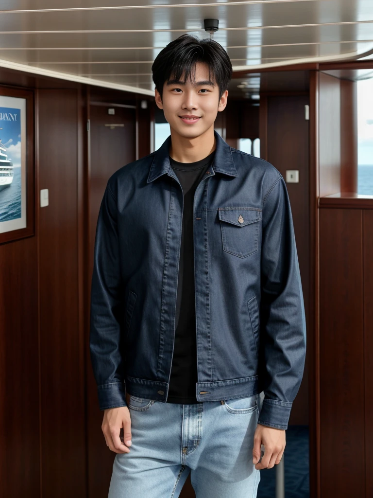 独奏: 1.5, (As a matter of fact, Masterpiece, 8k HD, good light quality, sportswear, fit the face, complicated details), A handsome Korean young man with muscular arms. , 20 years old, be happy, smile brightly, detailed face, delicate eyes, look at the sky, Wear a navy tight T-shirt.:1.6 ,Wear a denim coat., jeans period, black eyes, Black hair color, ผมsmooth, smooth，Surreal，Awesome details，Highest quality，real，Open your mouth to talk. , Close your eyes., (standing in a cruise ship:1.5)