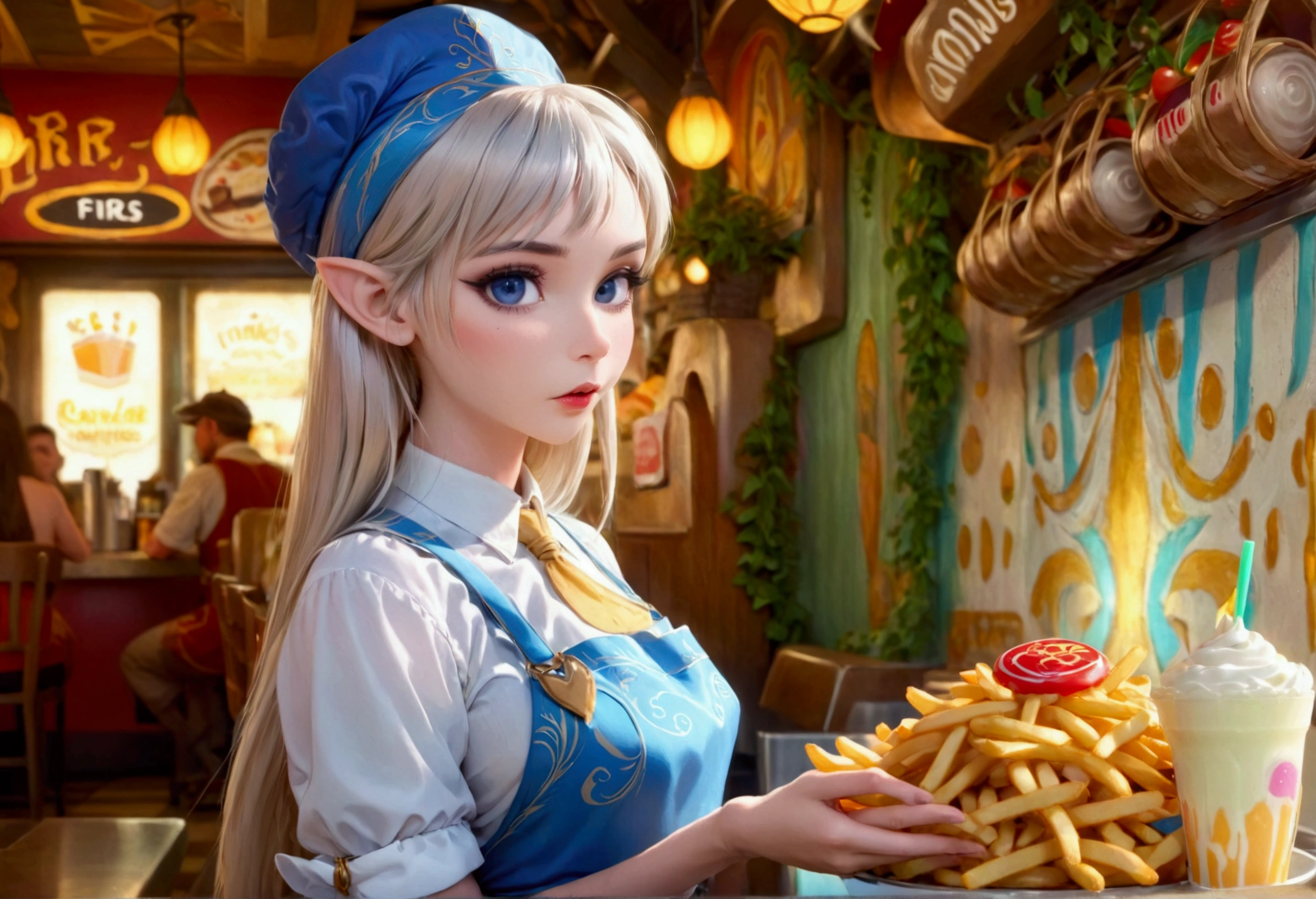 A beautiful elven princess working as a fast food server at Merlin's, wearing an apron and cap, serving magic milkshakes and baskets of fries, high fantasy, extremely detailed, intricate details, photorealistic, 8k, dramatic lighting, vivid colors, cinematic composition, fantasy elements, fantasy food, fantasy restaurant interior
