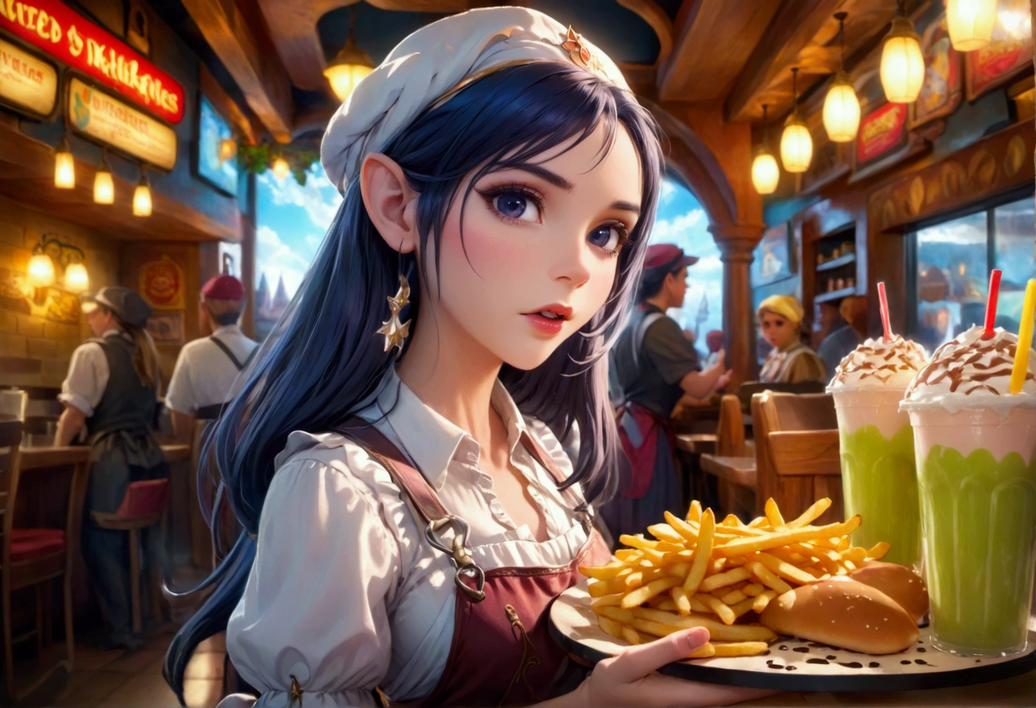 A beautiful elven princess working as a fast food server at Merlin's, wearing an apron and cap, serving magic milkshakes and baskets of fries, high fantasy, extremely detailed, intricate details, photorealistic, 8k, dramatic lighting, vivid colors, cinematic composition, fantasy elements, fantasy food, fantasy restaurant interior