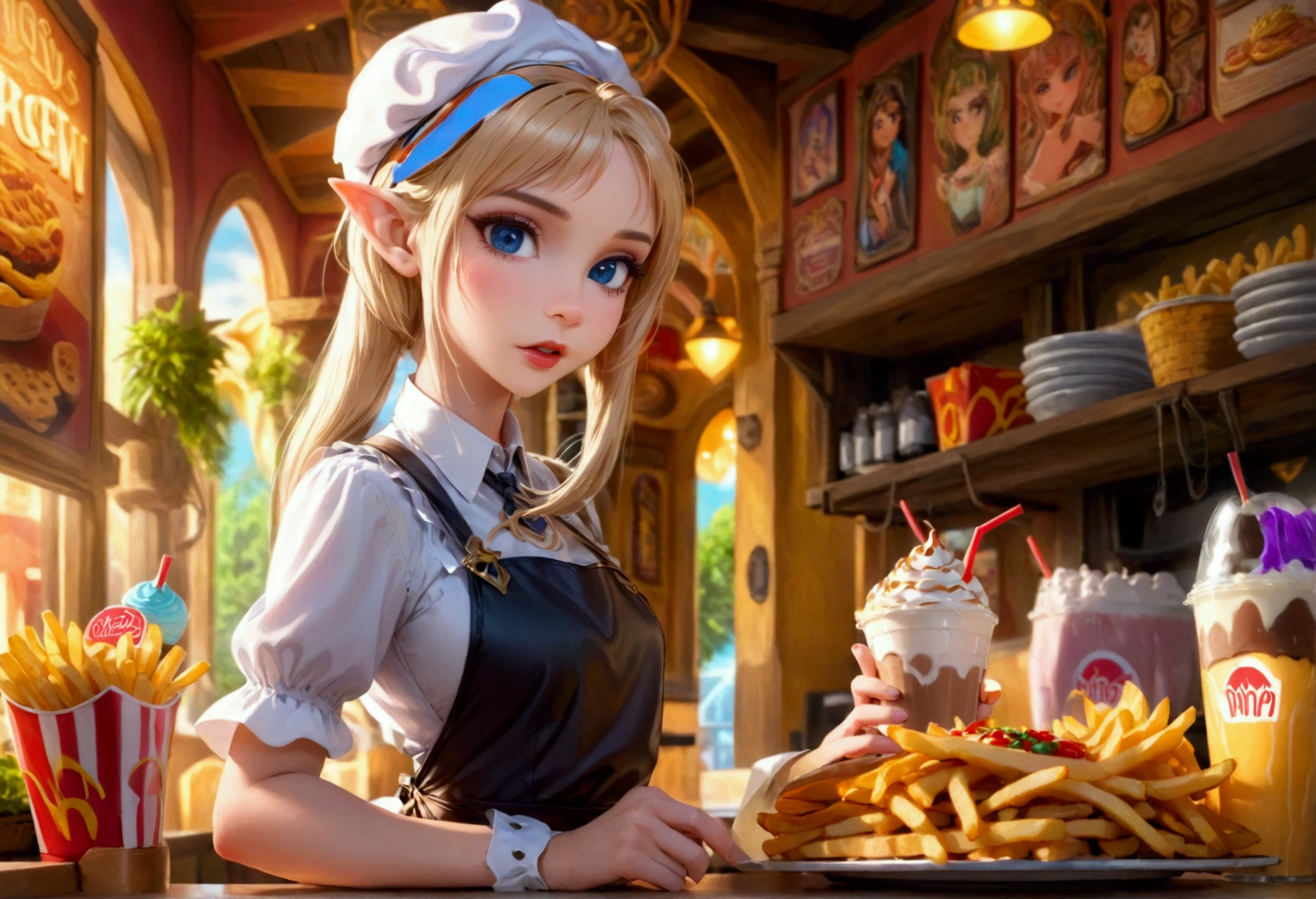 A beautiful elven princess working as a fast food server at Merlin's, wearing an apron and cap, serving magic milkshakes and baskets of fries, high fantasy, extremely detailed, intricate details, photorealistic, 8k, dramatic lighting, vivid colors, cinematic composition, fantasy elements, fantasy food, fantasy restaurant interior
