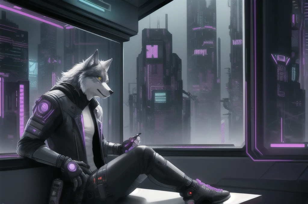 anthropomorphic male gray wolf, sitting on a window, cyberpunk background