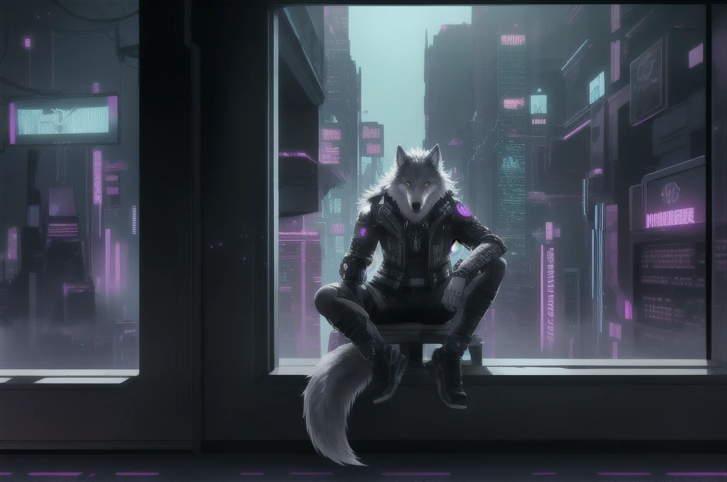 anthropomorphic male gray wolf, sitting on a window, cyberpunk background