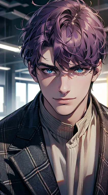 (best quality,4k,8k,highres,masterpiece:1.2),ultra-detailed,(realistic,photorealistic,photo-realistic:1.37),1 man,31 years old,mature man,very handsome,without expression,smile,short purple hair,blue eyes,penetrating gaze,perfect face without errors,imposing posture,businessman,office background,cinematic lighting,hdr image