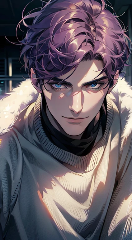 (best quality,4k,8k,highres,masterpiece:1.2),ultra-detailed,(realistic,photorealistic,photo-realistic:1.37),1 man,31 years old,mature man,very handsome,without expression,smile,short purple hair,blue eyes,penetrating gaze,perfect face without errors,imposing posture,businessman,office background,cinematic lighting,hdr image