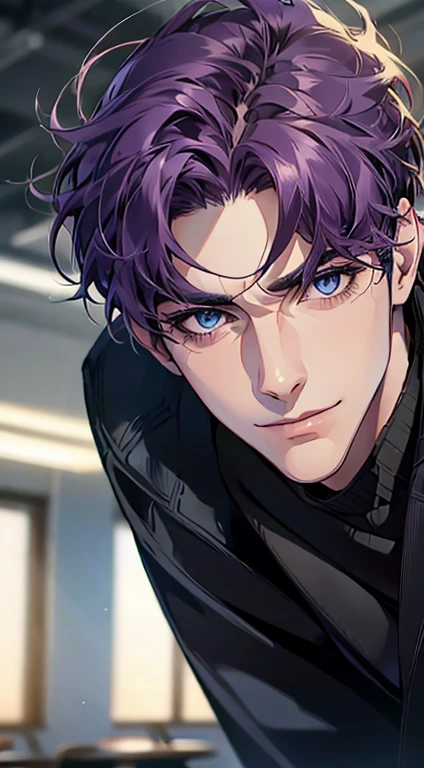 (best quality,4k,8k,highres,masterpiece:1.2),ultra-detailed,(realistic,photorealistic,photo-realistic:1.37),1 man,31 years old,mature man,very handsome,without expression,smile,short purple hair,blue eyes,penetrating gaze,perfect face without errors,imposing posture,businessman,office background,cinematic lighting,hdr image