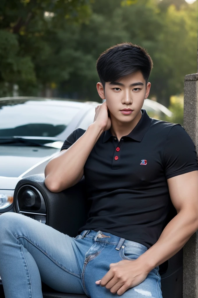 ((realistic daylight)) , Young Korean man in a black polo shirt and jeans, A handsome, muscular young Asian man looks at the camera. In a simple t-shirt blue and red , roadside traffic ,((look sideways))