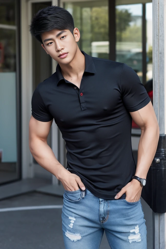 ((realistic daylight)) , Young Korean man in a black polo shirt and jeans, A handsome, muscular young Asian man looks at the camera. In a simple t-shirt blue and red , roadside traffic ,((look sideways))