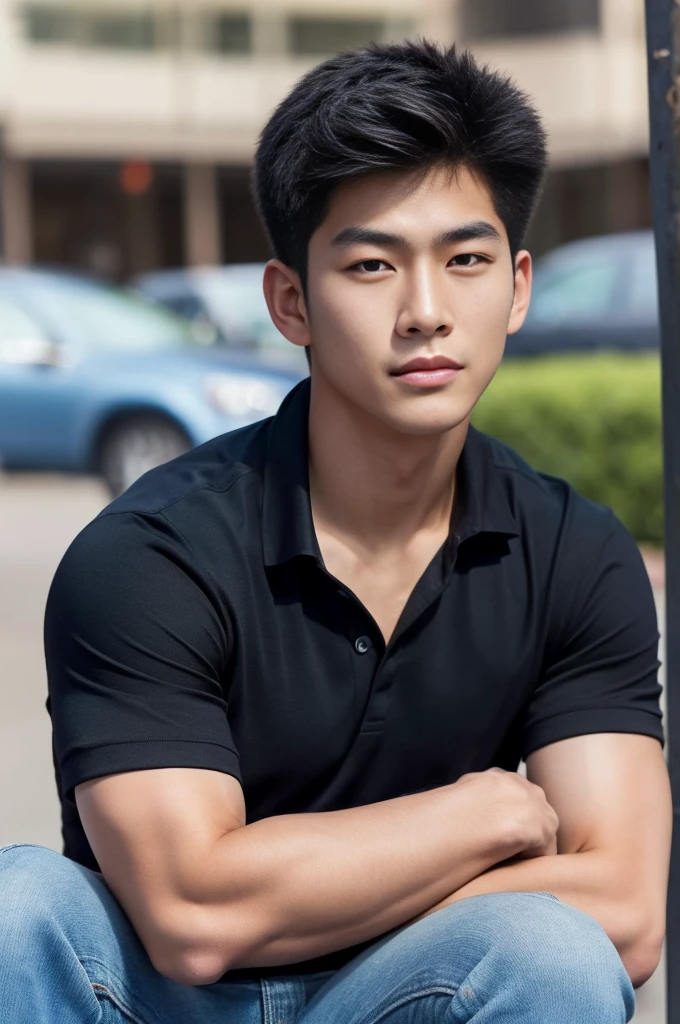 ((realistic daylight)) , Young Korean man in a black polo shirt and jeans, A handsome, muscular young Asian man looks at the camera. In a simple t-shirt blue and red , roadside traffic ,((look sideways))