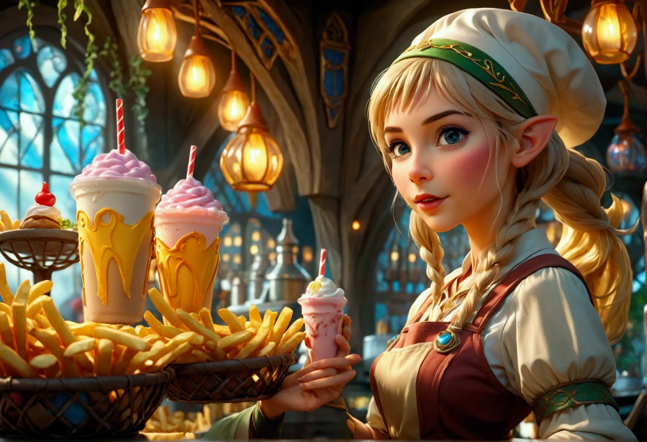 A beautiful elven princess working as a fast food server at Merlin's, wearing an apron and cap, serving magic milkshakes and baskets of fries, high fantasy, extremely detailed, intricate details, photorealistic, 8k, dramatic lighting, vivid colors, cinematic composition, fantasy elements, fantasy food, fantasy restaurant interior