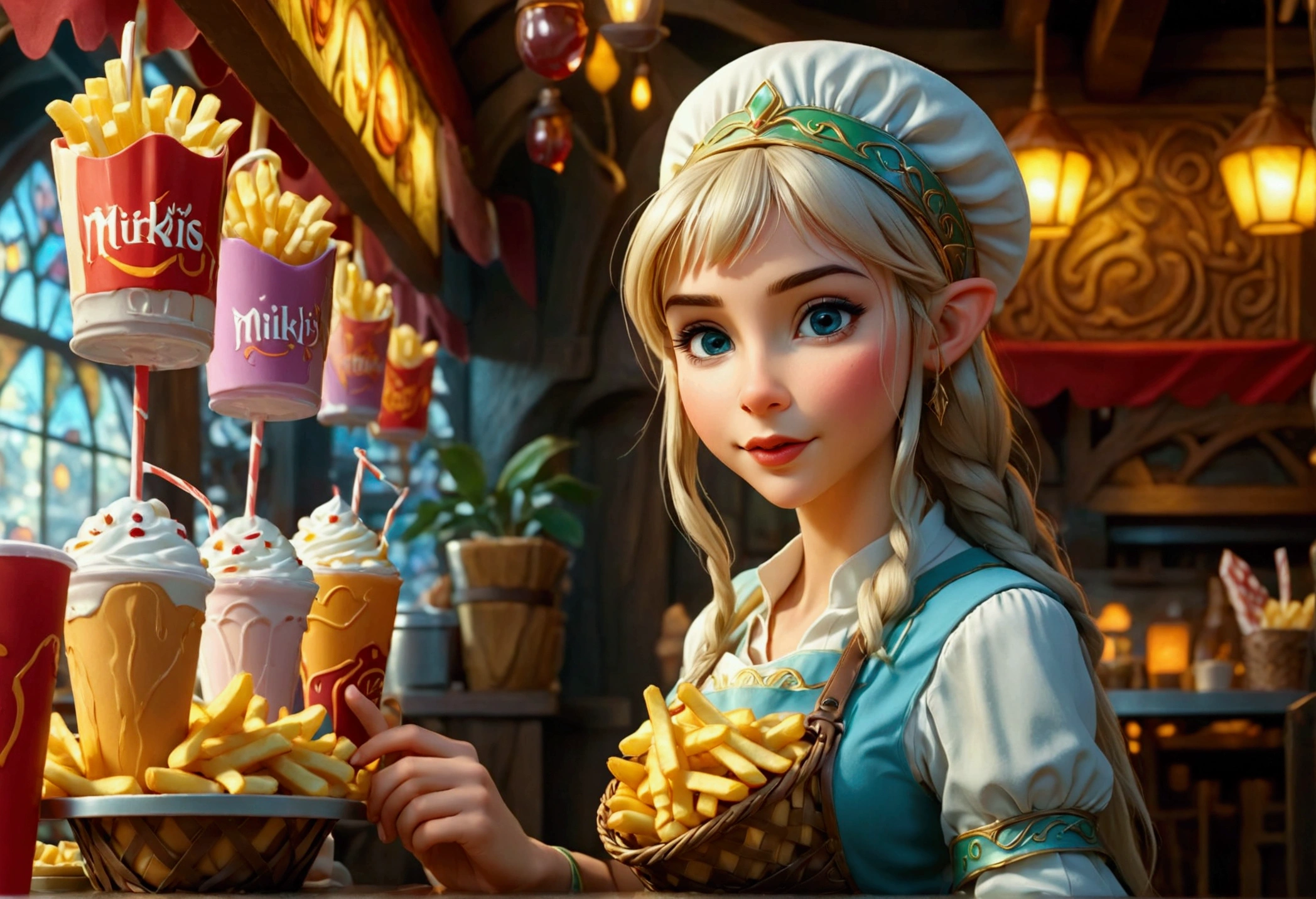 A beautiful elven princess working as a fast food server at Merlin's, wearing an apron and cap, serving magic milkshakes and baskets of fries, high fantasy, extremely detailed, intricate details, photorealistic, 8k, dramatic lighting, vivid colors, cinematic composition, fantasy elements, fantasy food, fantasy restaurant interior
