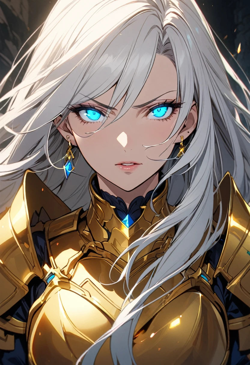 female, mature, blue eyes, glowing eyes, golden armor, diamond earings, long hair, white hair