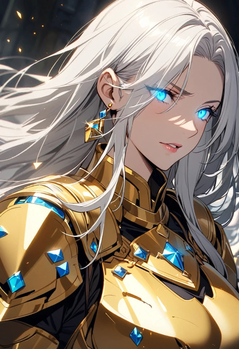 female, mature, blue eyes, glowing eyes, golden armor, diamond earings, long hair, white hair