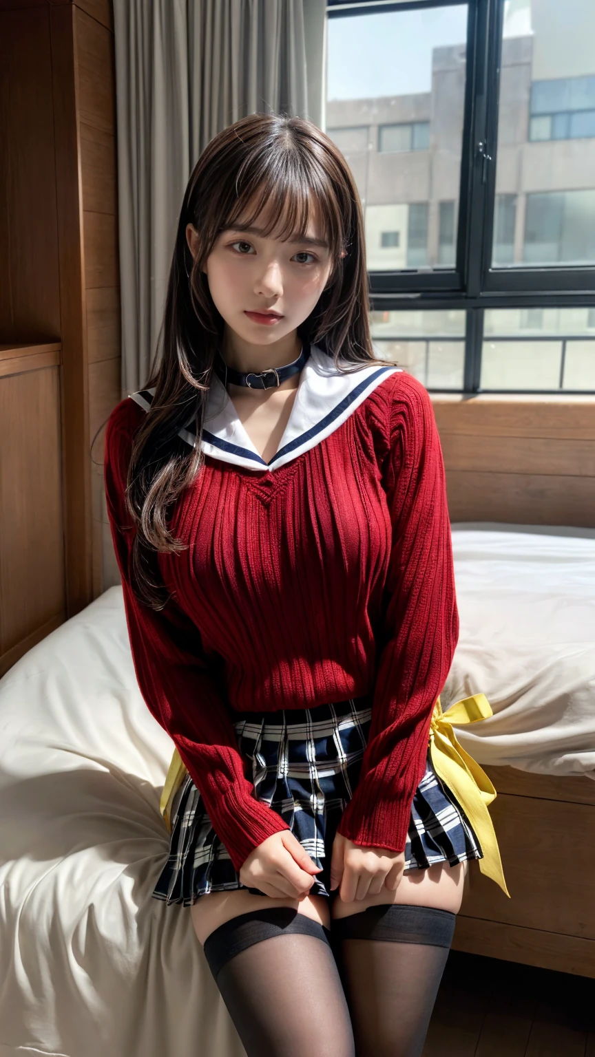 (absurdres:1.3), (highres:1.3), (ultra detailed:1.3),(1girl:1.3), (extremely detailed CG unity 8k wallpaper:1.3), (detailed skin texture, detailed cloth texture, detailed hair texture), (beautiful detailed face, supermodel, pale skin, realistic glistening skin), (RAW photo, best quality), (realistic, photo-realistic:1.4), masterpiece, extremely delicate and beautiful,Amazing, finely detail, extremely detailed CG unity 8k wallpaper, huge filesize, ultra-detailed, highres, absurdres, soft light,rim light, vibrant details, hotel room, straight hair, large breasts, black hair color, Big Natural Color Lip, (perfect body shape), beautiful legs, BREAK (red theme:1.4), (school uniform:1.2), (fusion of red sweater and red shirt with sailor-collar:1.4), (tucked out uniform tops:1.4), (long sleeve:1.2),
BREAK (yellow theme:1.3), (sailor-collar with yellow ribbon:1.3),
BREAK (black and white plaid-pattern pleated-skirt:1.3), (pantyhose:1.2), (loafers:1.1), crying a little、Harajuku style、20 year old girl、cute type、lolita、