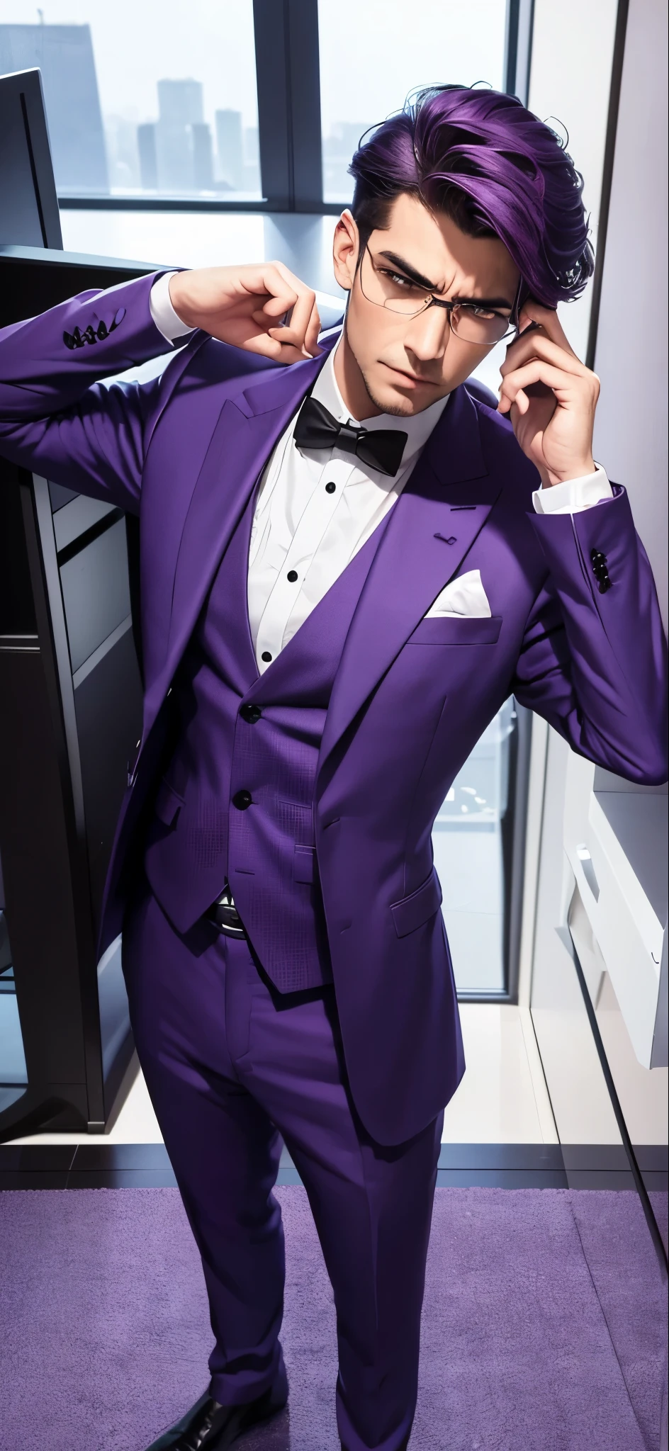 A stern and analytical man, dressed in a purple suit, representing the INTJ (Architect) MBTI personality type. He is depicted with an intense and angry expression, showcasing his frustration. His posture is rigid and commanding, emphasizing his strategic and logical nature. The background should be a modern and sleek environment, such as a high-tech office or a minimalist workspace, highlighting his professional and intellectual presence. The colors should be sharp and vivid, with the purple of his attire standing out to emphasize his personality type.