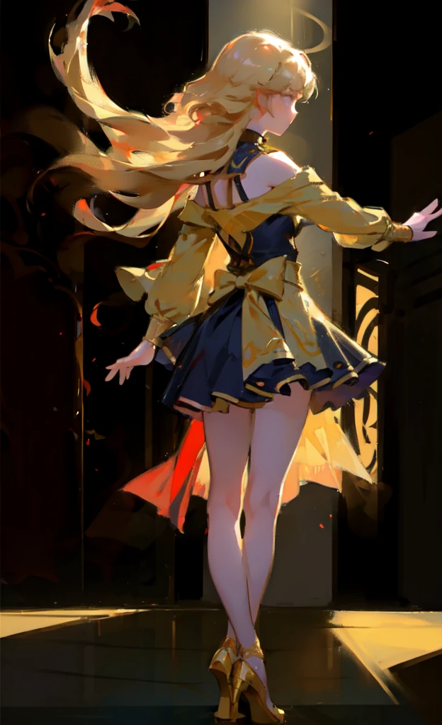 1. ，Bright red ribbon dance shoes，ballet，Blonde short hair，Bangs，whole body，（dynamic），Dance，Standing on a giant music box，Gold Theme，Light，dust，（（No facial depiction）），（Empty face），Simple dark background，（Vision），（Red dancing shoes），Tutu