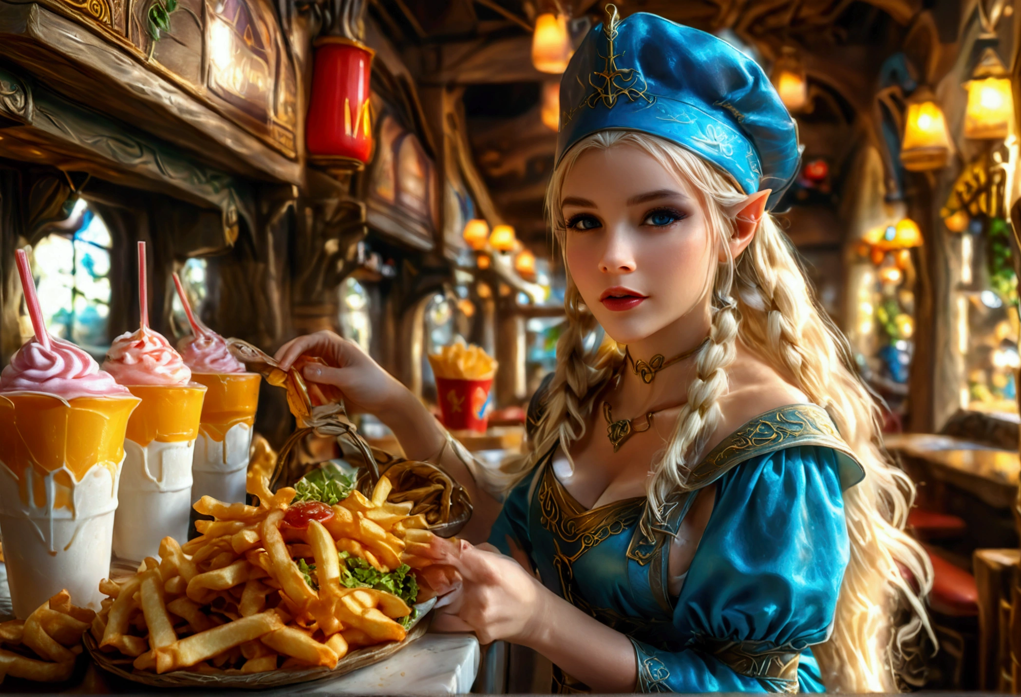 A beautiful elven princess working as a fast food server at Merlin's, wearing an apron and cap, serving magic milkshakes and baskets of fries, high fantasy, extremely detailed, intricate details, photorealistic, 8k, dramatic lighting, vivid colors, cinematic composition, fantasy elements, fantasy food, fantasy restaurant interior
