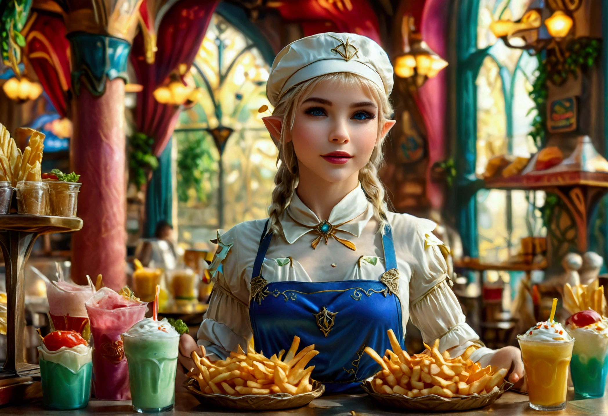 A beautiful elven princess working as a fast food server at Merlin's, wearing an apron and cap, serving magic milkshakes and baskets of fries, high fantasy, extremely detailed, intricate details, photorealistic, 8k, dramatic lighting, vivid colors, cinematic composition, fantasy elements, fantasy food, fantasy restaurant interior