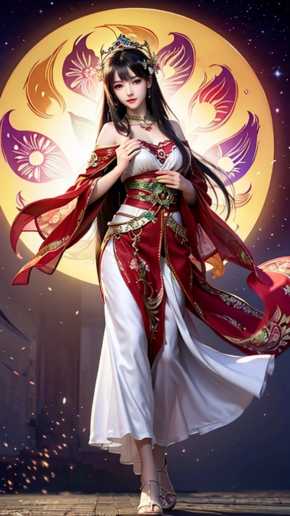 Best quality, masterpiece, super high resolution, (actual photo: 1.4), sky full of mandala flowers (background), 20 years old, mandala flower fairy (oriental woman), dark red shawl long hair, cool Eyes, sexy figure, big breasts, wearing a mandala flower strapless dress, walking among the mandala flowers
