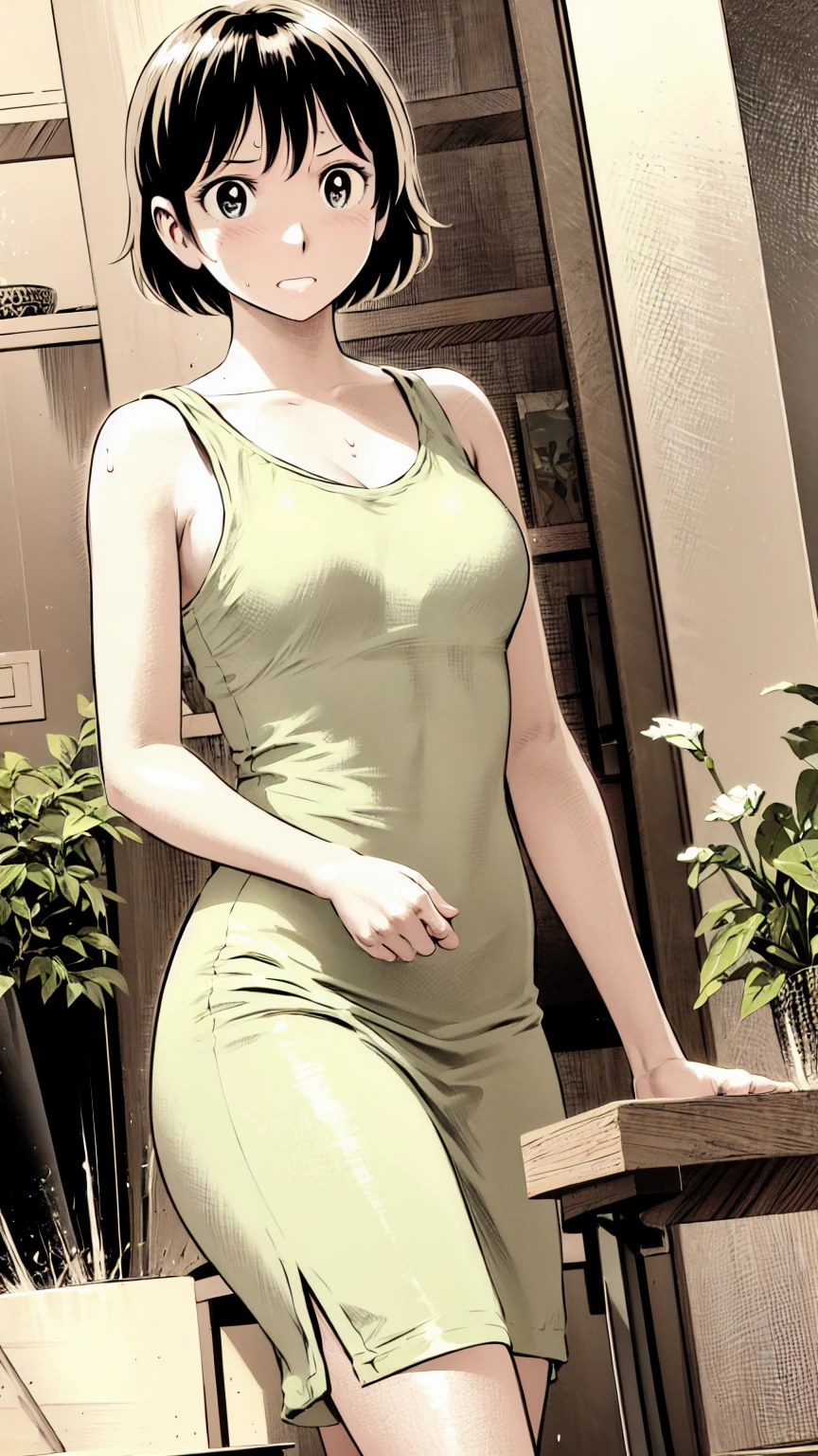 、(masterpiece、Highest quality)、Highest quality, Ultra-high resolution, (((masterpiece))), alone, Sweat、Big eyes, Sleeveless、Outdoor、Floral Dress、Composition from the front、(後ろCut your hair short、short hair、blonde、woman)、Shortcuts、Embarrassed face、Cut your hair short、可愛いwomanの子、Big Breasts、Browsing Caution