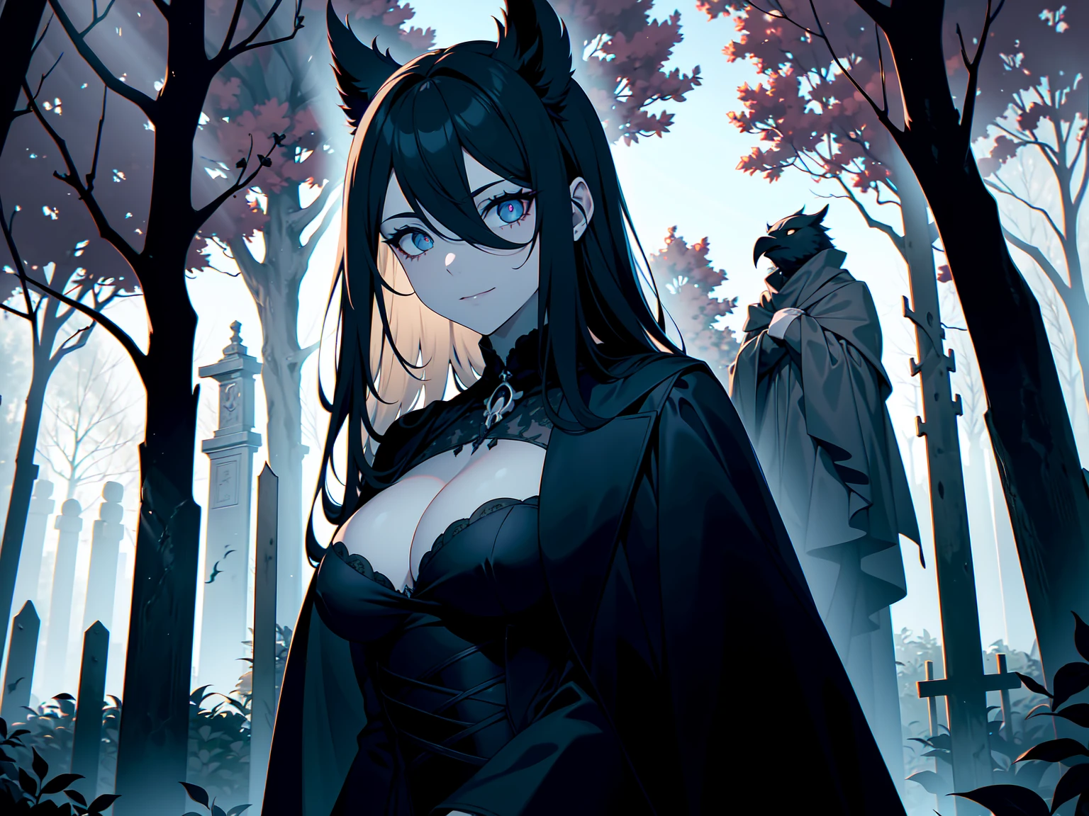 The theme is "horror", and a shocking and grotesque night of terror begins. nsfw, A dimly lit cemetery grove at dusk, with crows camouflaged as branches and leaves on the skeletal trees. In the shadows, a mysterious widow, draped in a black mourning attire, casts an enigmatic smile, darker and more treacherous than the midnight sky. Her eyes gleam with malice, as if plotting a dark ritual to defile the sacred soil. The air is heavy with foreboding, anticipating some abhorrent desecration of the dead., from below