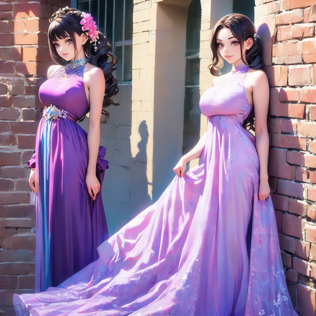 araffe woman in a floral dress standing in front of a brick wall, romantic dress, beautiful dress, wearing organza gown, lady with glowing flowers dress, wearing a long flowery dress, dressed beautiful gown, flower dress, magical dress, flowing dress, very beautiful style, fantasy dress, full dress, dress in the style of rococo, stunning dress